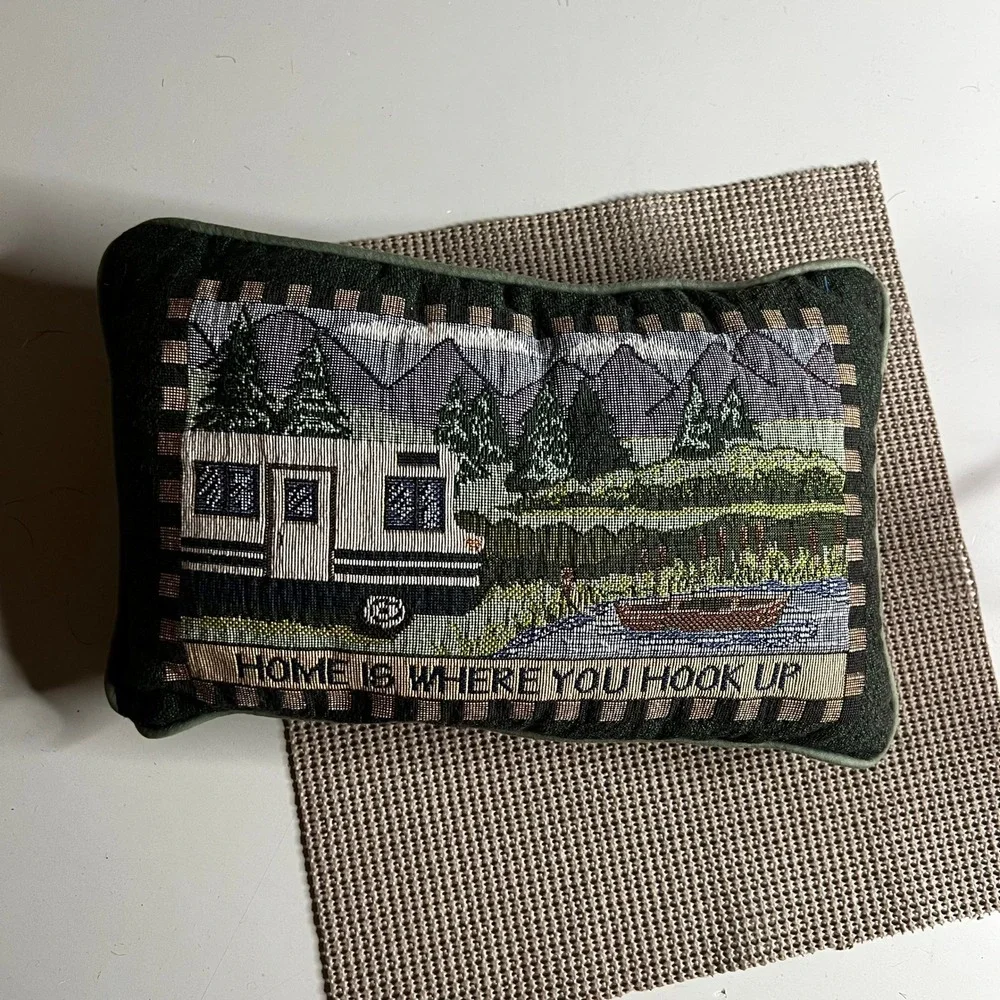 Vintage Woven Tapestry Camping Pillow Home Is Where You Hook Up RV Decor Green